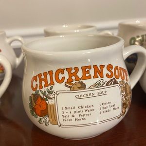 Vintage Soup Cups—Classic chicken noodle, onion soup and Tomato.